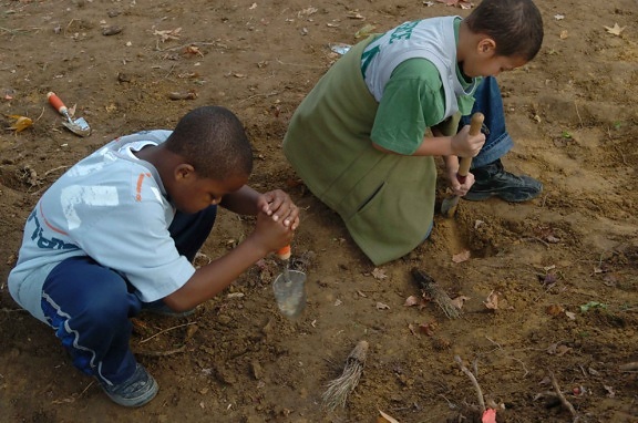 anak-anak, menggali, lubang, penanaman, tanaman air, rumput