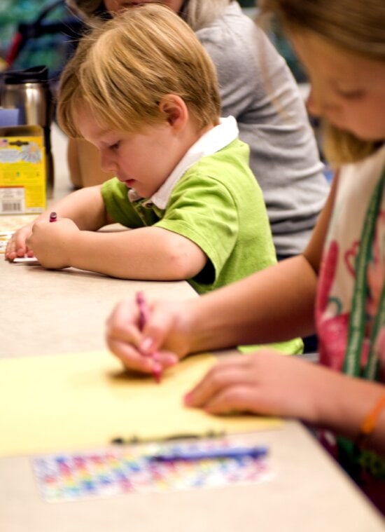 children, sitting, table, putting, creativity, work, crayons