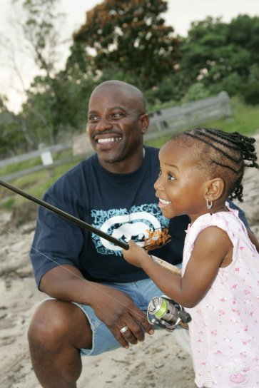 apa, lánya, halászati, fiatal lány, tanul, hal