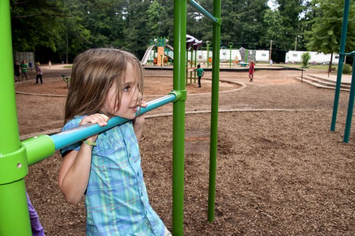 face, girl, hanging, arms, one, playground, green, blue, pull, bars