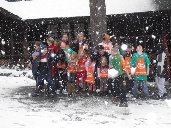 group, children, watching, snow, falls