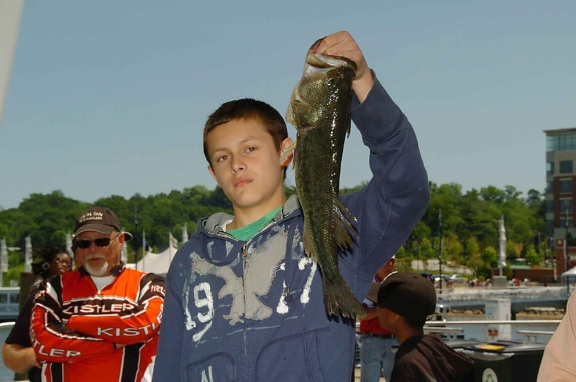 kid, holds, bass, fish, caught