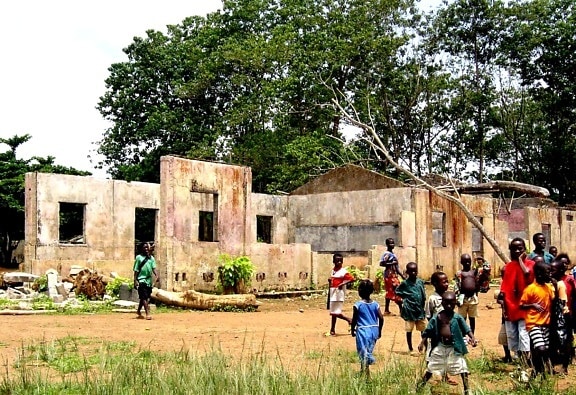 kids, play, front, Sierra Leone, school, decimated, civil, war