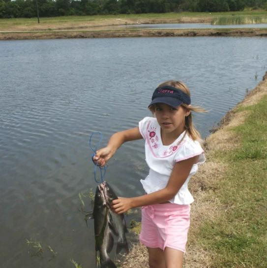 little, girl, holds, string, catfish