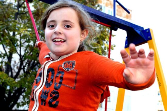 nice, smile, girl, plays, childrens, playground, full, color, laughter