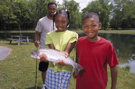 son, daughter, proudly, show, rainbow, trout, caught, father