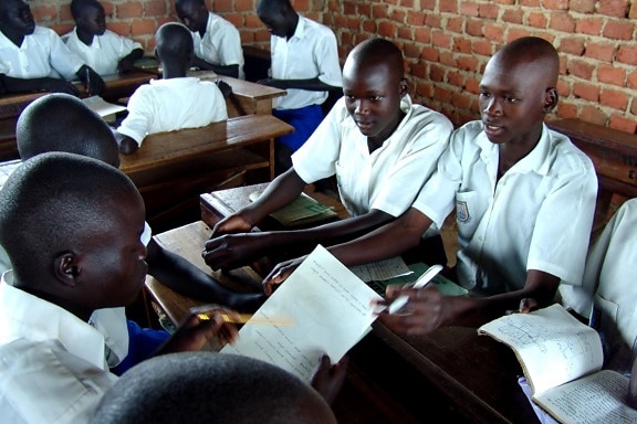 alunos de escolas primárias, grupo, trabalho, Uganda