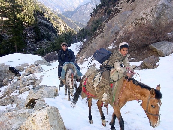 two, Afghanistan, boys, travel, safely, rough, snow, covered, terrain