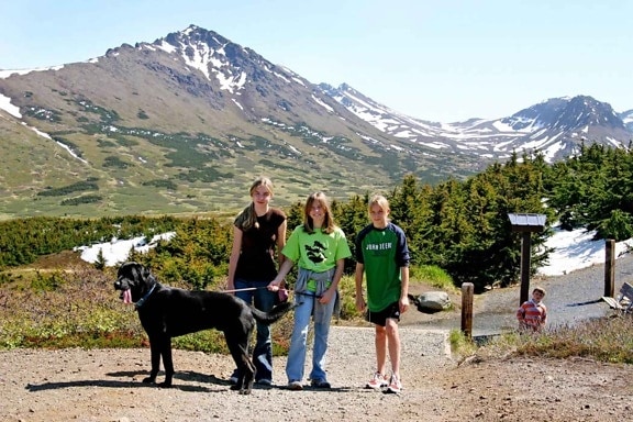 three, girls, hike, mountain, dog