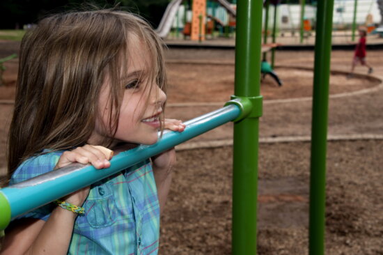 cute, girl, hanging, arms, one, playground