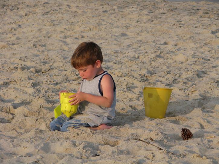 young boy, building, sand, castle, beach