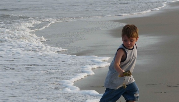 ung gutt, kjører, surfe, strand, kysten