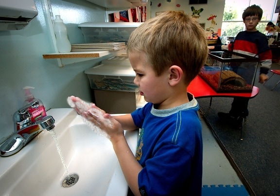 young child, appropriately, washing, hands