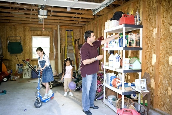 children, play, garage, father, working