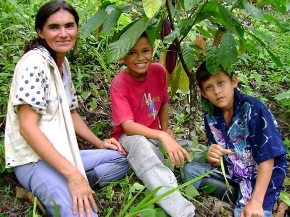 kolumbijský, ženy, farmár, dvoch synov, kakaovník, plantation