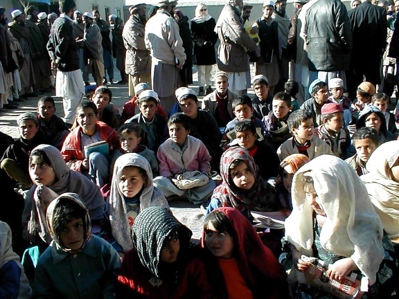 afghanistan, girls, boys, attend, outdoor, schools