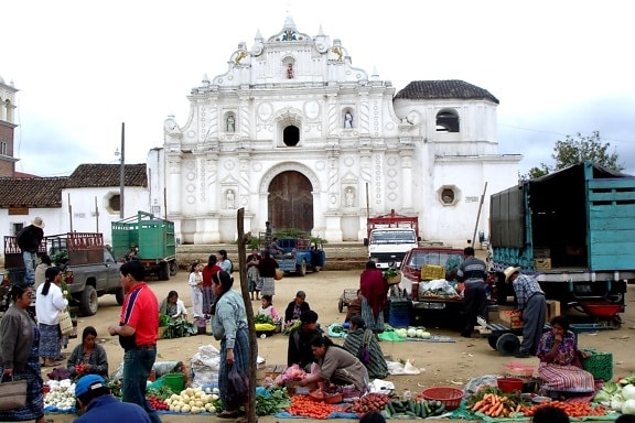 Guatemala, abierta, de mercado, frente, iglesia, Comalapa