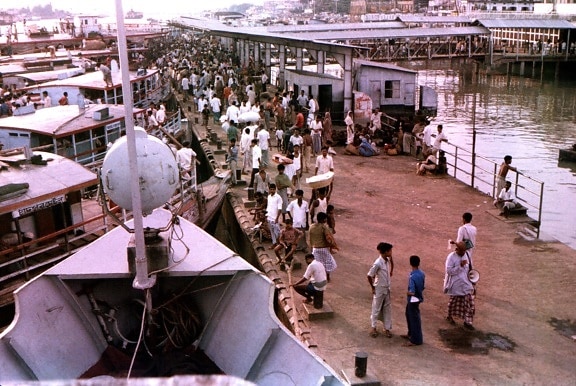 ajetreo, el bullicio, Dhaka, puerto, Sader, ghat, transbordador, terminal, Bangladesh, Buriganga, río