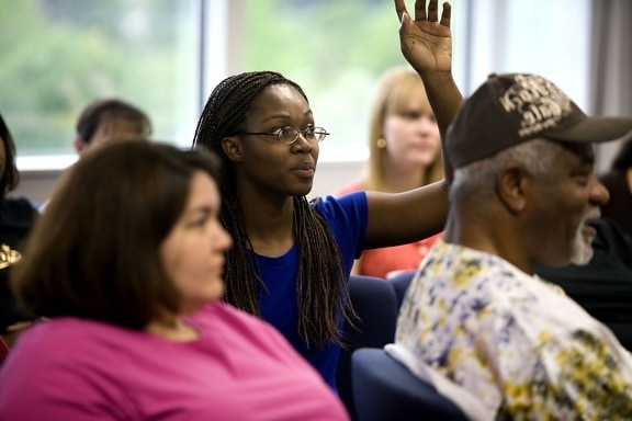 raising, hand, pose, question, African American, woman, one, attendees