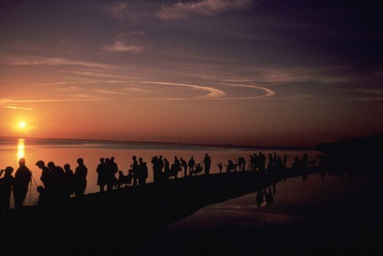 silhouettes, people, coast, watching, sunset
