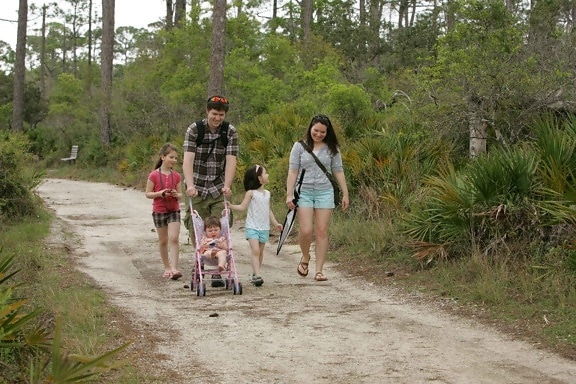 family enjoying, stroll, paths, park