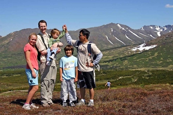 father, children, walking, hiking, nature
