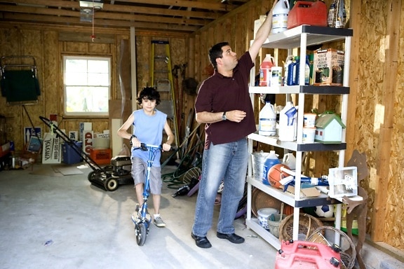 father, son, garage