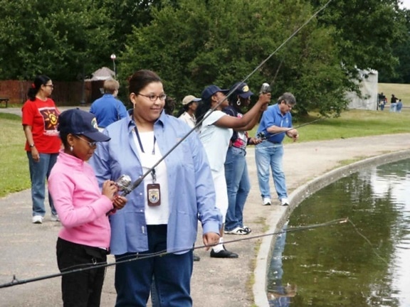 adult, female, cjildren, fishing, lake