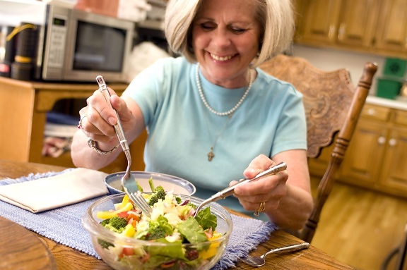 happy, woman eating, vegetable, salad