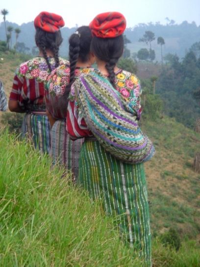 kaqchikel, Mayan, women, walking, single, file, countryside, Patzun, Chimaltenango, Guatemala