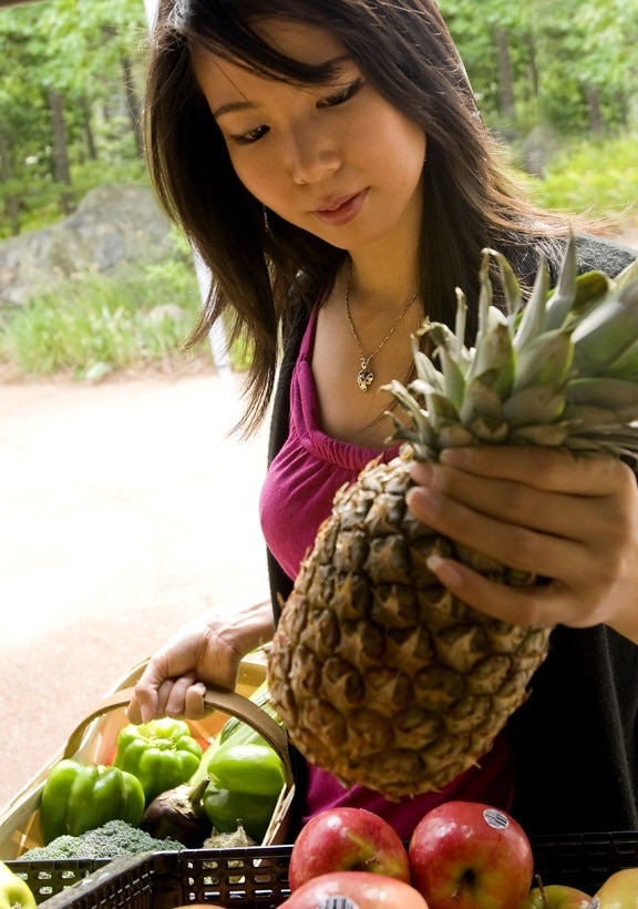 nice, face, Asian, girl, picking, ripe, pineapple, market