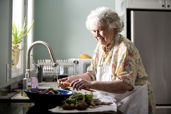portrait, elderly, woman, kitchen, preparing, meal