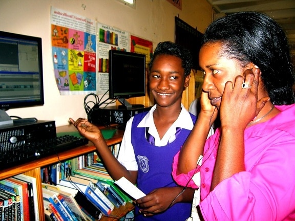 student, Jamaica, high school, demonstrates, technology