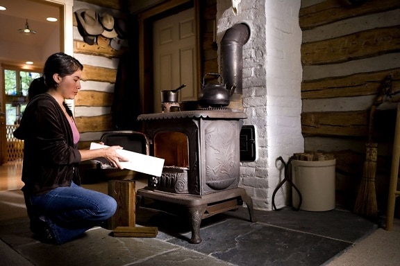 woman, place, appears, piece, treated, lumber, stove, fuel