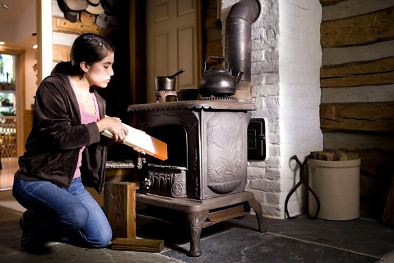 woman, safely, operate, wood, burning, stove