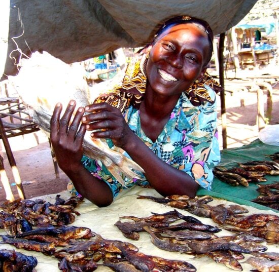 woman, sells, fish, stand, local, market, Sudan