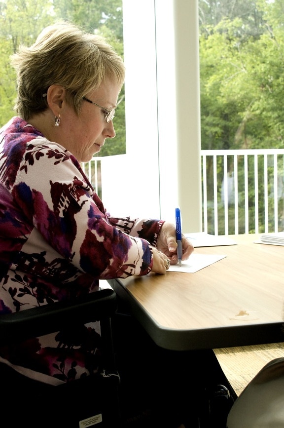 woman, work, table, writing