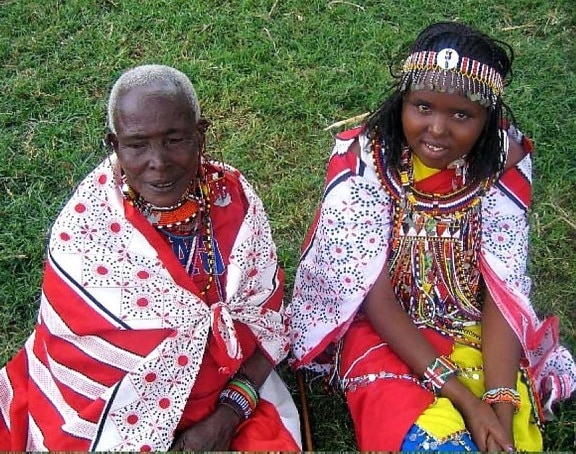 young, massai, girl, grandmother, participate, traditional, Massain, African, ceremony