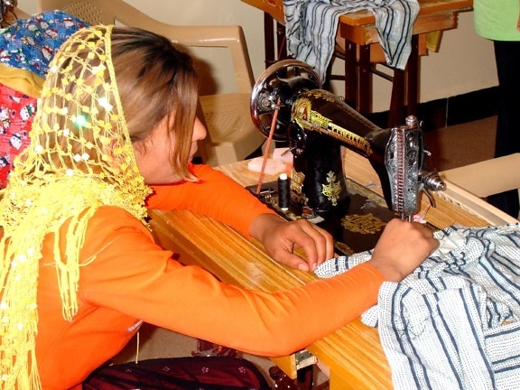 young woman, taking, lesson, tailoring, sewing