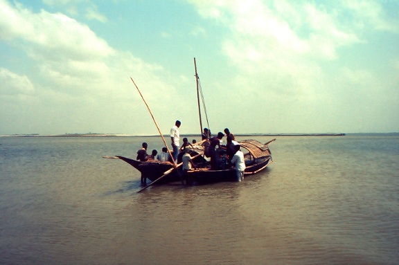 fiskebåt, grunne, kropp, vann, liten, by, Bangla