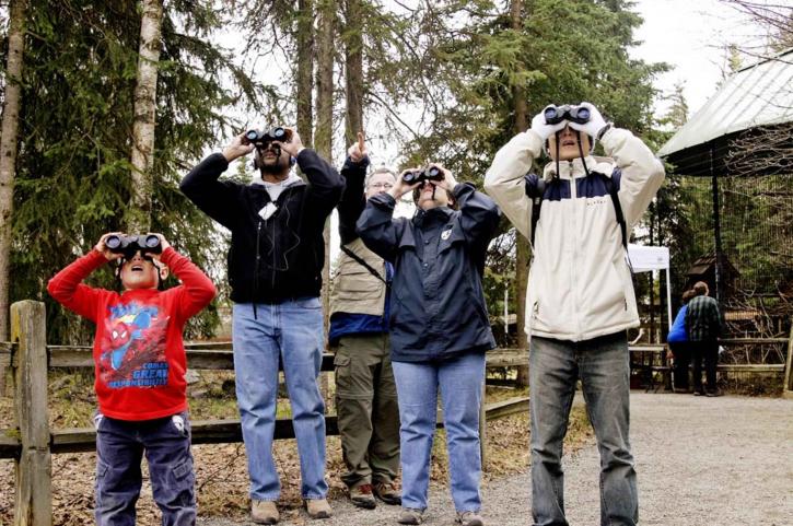 group, people, look, binoculars