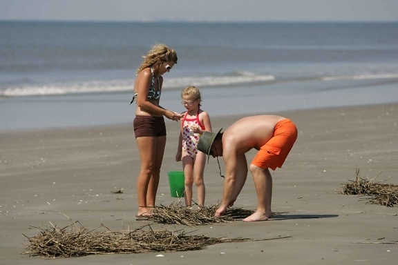 male, female, kid, beach