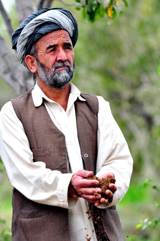 vecchio, contadino, Afghanistan, ritratto, display, il suolo