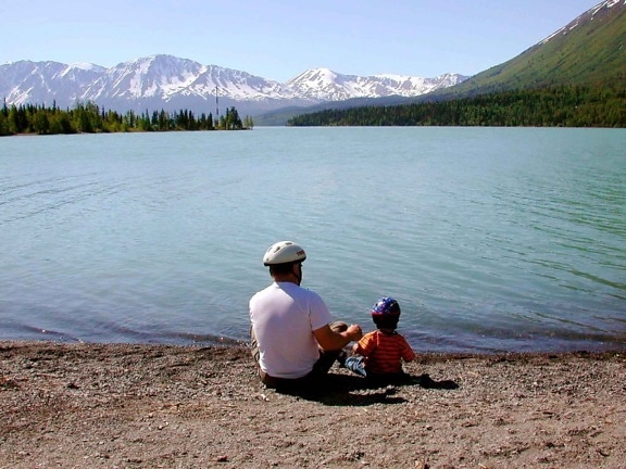 fathers, day, father, kid, lake