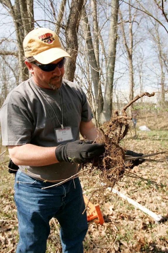 man, holds, jetbead, root