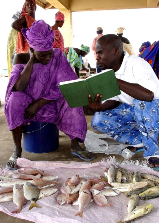 man, reading, book, female, fish, seller, market, Senegal