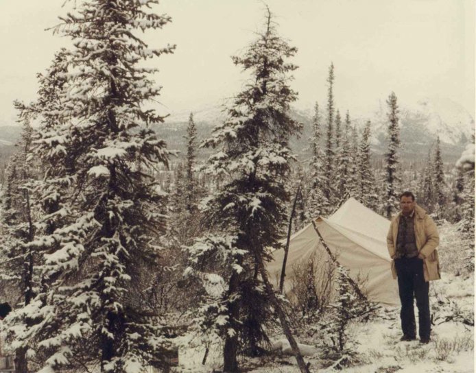 mann, stående, telt, skog, vinter, camping