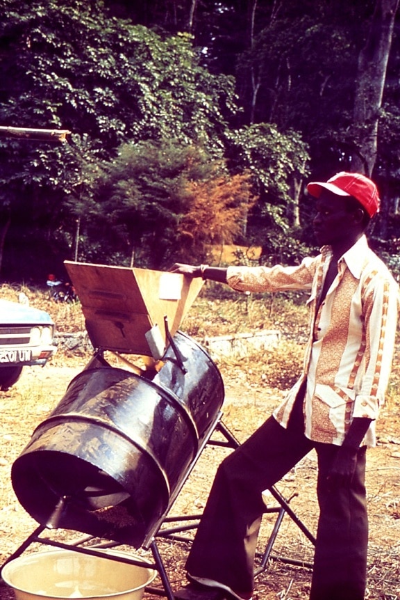 Člověče, práce, rýže, zpracování, stroj, Sierra Leone, Afrika