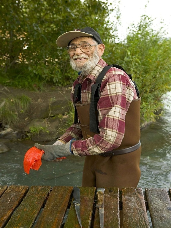 ηλικιωμένος άντρας, ψαράς, καθαρίζει, ψάρια