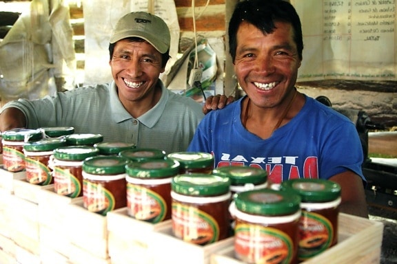 two, Mayan, men, display, handmade, packaged, preserves, sold